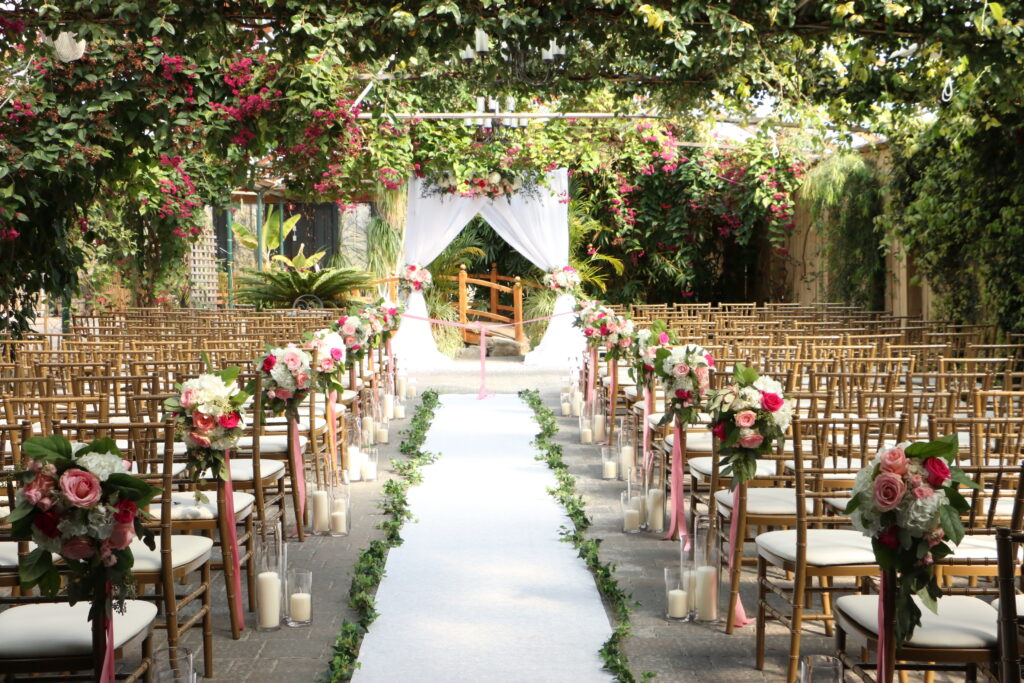 Rustic outdoor wedding venue with focus on altar